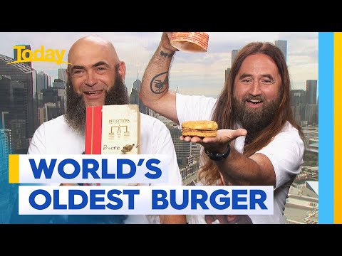 Casey and Ed hold up Senior Burger and its box in the Today programme thumbnail.